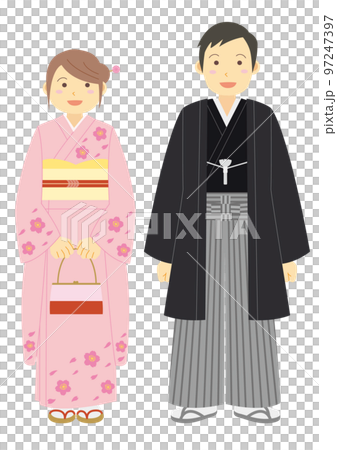 着物を着た女性と袴を着た男性のイラスト 着物を着た女性と袴を着た男性のイラスト 97247397