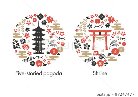 五重塔と神社の鳥居と植物の円形デザイン白背景 97247477
