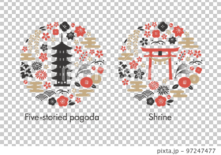 五重塔と神社の鳥居と植物の円形デザイン白背景 97247477