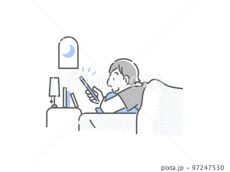 夜にベッドの中でスマホを使う若い男性　シンプルでお洒落な線画イラスト 97247530
