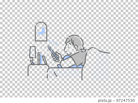 夜にベッドの中でスマホを使う若い男性　シンプルでお洒落な線画イラスト 97247530