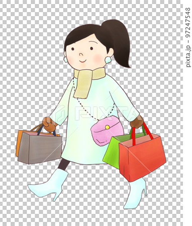 一位扎著馬尾辮的女士在冬天穿著白大衣、圍巾和靴子購物的插圖 一位扎著馬尾辮的女士在冬天穿著白大衣、圍巾和靴子購物的插圖 97247548