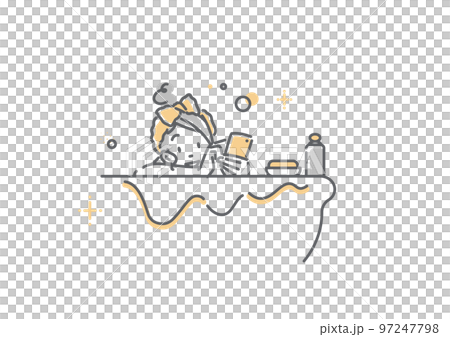 バスタブでスマホを使う若い女性　シンプルでお洒落な線画イラスト 97247798