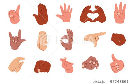 Cartoon human hands. Gestures with pointing fingers clenched fists okay sign handshake forefinger touch, body language expression. Vector flat set 97248861