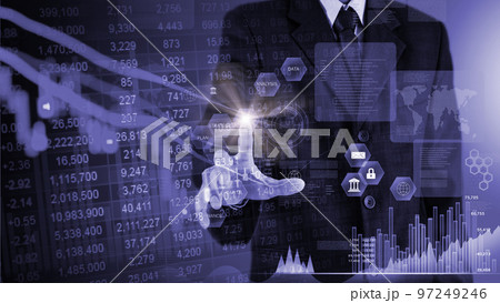 Stock market or forex trading graph and candlestick chart suitable for financial investment concept. Economy trends background for business idea and all art work design. Abstract finance background.. 97249246