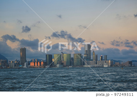 skyline and harbor of Hong Kong city under sunset 4 July 2012 97249311