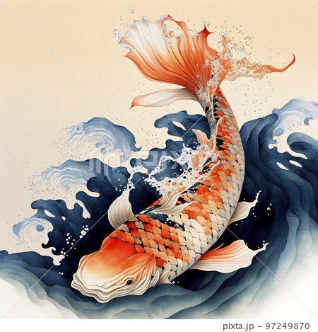 鯉の滝登り 水墨画 浮世絵 葛飾北斎風「AI生成画像」のイラスト素材