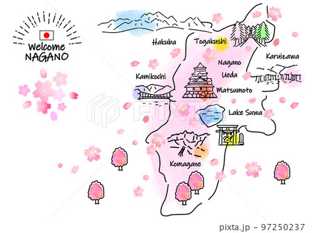 春の長野県の観光地のシンプル線画イラストマップ（ピンク） 97250237