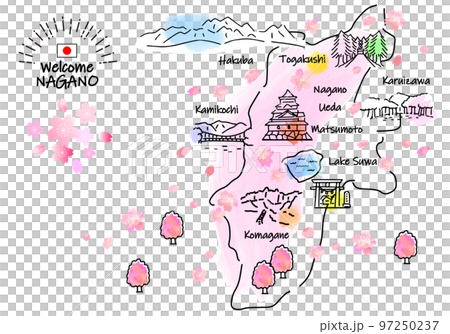 Simple line drawing illustration map of sightseeing spots in Nagano Prefecture in spring (pink) 97250237