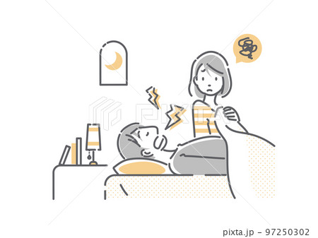 パートナーのいびきに悩む女性 シンプルでお洒落な線画イラスト パートナーのいびきに悩む女性 シンプルでお洒落な線画イラスト 97250302