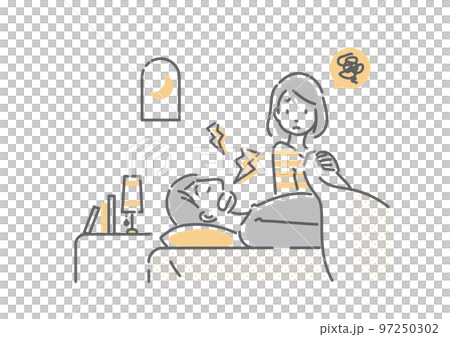 パートナーのいびきに悩む女性 シンプルでお洒落な線画イラスト パートナーのいびきに悩む女性 シンプルでお洒落な線画イラスト 97250302