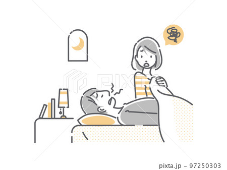 パートナーの歯ぎしりに悩む女性　シンプルでお洒落な線画イラスト 97250303