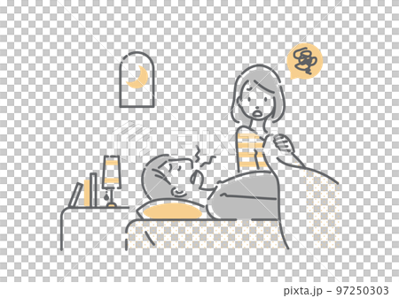 パートナーの歯ぎしりに悩む女性　シンプルでお洒落な線画イラスト 97250303