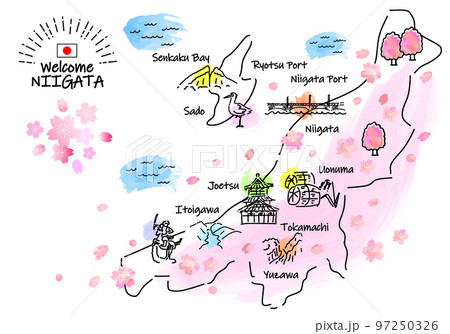 春の新潟県の観光地のシンプル線画イラストマップ（ピンク） 97250326