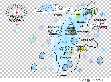 冬の長野県の観光地のシンプル線画イラストマップ 97250690