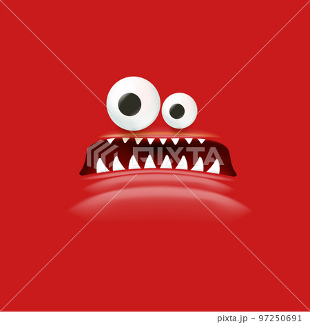 Vector funny angry red christmas monster face with open mouth with fangs and evil eyes isolated on red background. Christmas cute and angry monster design template for poster, banner and tee print 97250691
