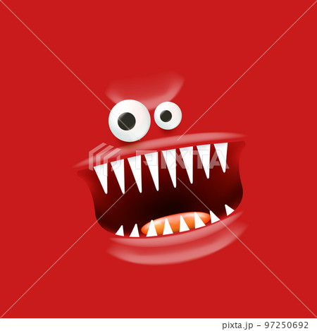 Vector funny angry red christmas monster face with open mouth with fangs and evil eyes isolated on red background. Christmas cute and angry monster design template for poster, banner and tee print 97250692