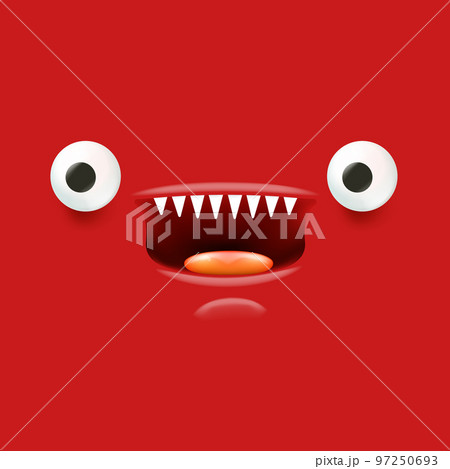 Vector funny angry red christmas monster face with open mouth with fangs and evil eyes isolated on red background. Christmas cute and angry monster design template for poster, banner and tee print 97250693