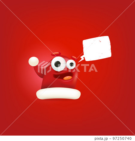 Vector cartoon happy Santa Claus red hat character with eyes and mouth isolated on red Christmas background. Merry Christmas greeting card, poster and banner with funny Santa Claus hat 97250740