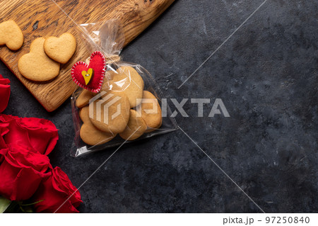 Valentines day card with cookies and rose flowers 97250840