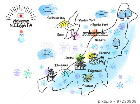 冬の新潟県の観光地のシンプル線画イラストマップ 冬の新潟県の観光地のシンプル線画イラストマップ 97250909