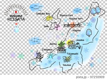 冬の新潟県の観光地のシンプル線画イラストマップ 冬の新潟県の観光地のシンプル線画イラストマップ 97250909