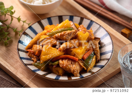 Stir-fried Taiwanese sliced Chicken breast with pineapple. Stir-fried Taiwanese sliced Chicken breast with pineapple. 97251092