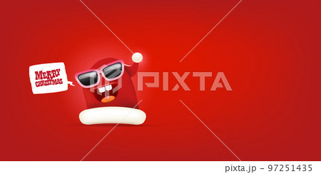 Vector cartoon monster Santa Claus red hat character with sunglasses and speech bubble isolated on red Christmas background. Merry Christmas greeting card, poster and banner with funny Santa Claus hat 97251435