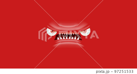 Vector funny angry red christmas monster face with open mouth with fangs and evil eyes isolated on red background. Christmas cute and angry monster design template for poster, banner and tee print Vector funny angry red christmas monster face with open mouth with fangs and evil eyes isolated on red background. Christmas cute and angry monster design template for poster, banner and tee print 97251533