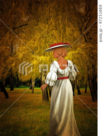 Woman in vintage white dress and autumn trees digital art 97251669