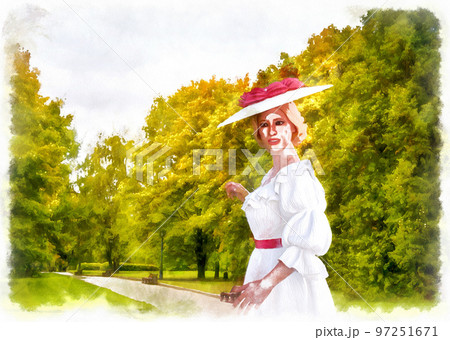 Woman in vintage white dress and autumn trees digital art 97251671