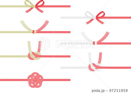水引イラスト4種類(蝶結び・結び切り・あわじ結び・梅結び) 水引イラスト4種類(蝶結び・結び切り・あわじ結び・梅結び) 97251959