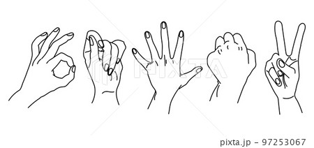Set of drawn outlines of human hands. Design for coloring book, sketch, vector 97253067