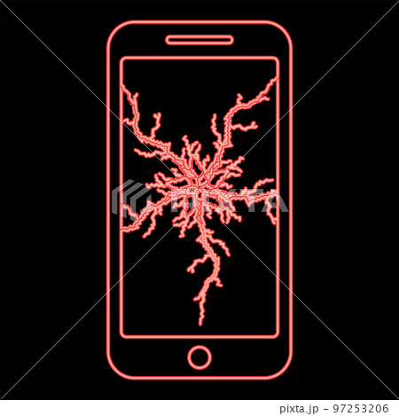 Neon smartphone with crack on display Broken modern mobile phone Shattered smartphone screen Phone with broken matrix of screen Cell phone with cracked touch screen in center Broken glass telephone 97253206
