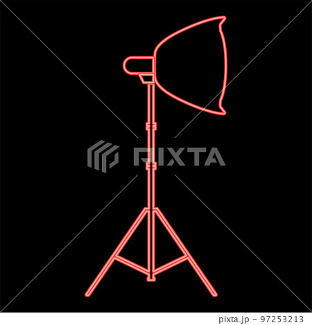 Neon spotlight on tripod Light projector Softbox on tripod Tripod light Equipment for professional photography Theater light red color vector illustration image flat style 97253213