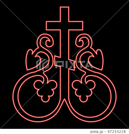 Neon cross vine Cross monogram Symbol secret communion sign Religious cross anchors red color vector illustration image flat style 97253228