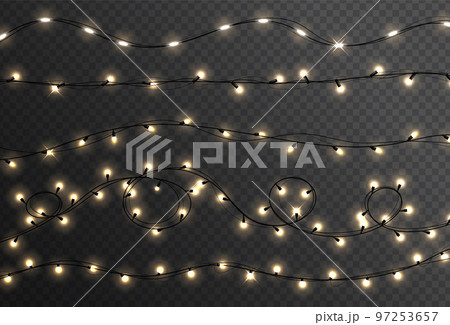 Christmas lights isolated realistic design elements. Christmas garland. Glowing yellow light bulbs with sparkles. Xmas, New Year, wedding or Birthday decor. Christmas lights isolated realistic design elements. Christmas garland. Glowing yellow light bulbs with sparkles. Xmas, New Year, wedding or Birthday decor. 97253657