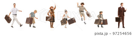 Collage. Different people of different age, man, woman and kids with suitcases isolated over white background Collage. Different people of different age, man, woman and kids with suitcases isolated over white background 97254656