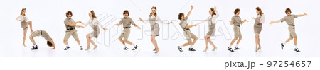 Collage. Young people, man and woman, friends in stylish retro clothes dancing isolated over white background 97254657