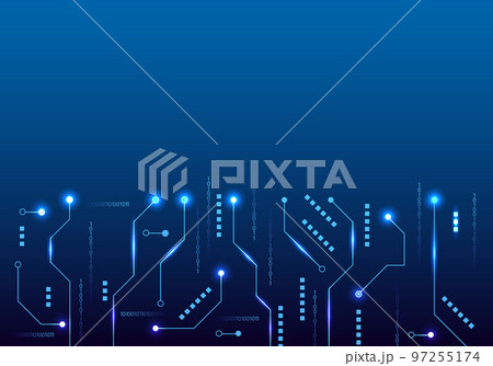 Black circuit board technology of commands of a computer system that transmits and receives data into the system. Emphasis on using blue tones as the main color with glowing points 97255174