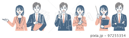 ビジネススーツの男女 表情ポーズの上半身イラストセット(説明 解説 案内) ビジネススーツの男女 表情ポーズの上半身イラストセット(説明 解説 案内) 97255354