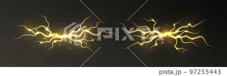 Thunderstorm lightning, thunderbolt strike, realistic electric zipper, energy flash light effect, yellow lightning bolt 97255443