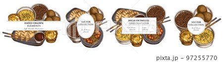 Asian food hand drawn frame templates. Vintage illustrations of jiaozi, jian dui, egg tart, noodles with shrimp, egg soup, noodles bowl. 97255770
