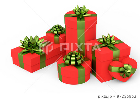 Gift boxes with ribbon and bow isolated on white background. greeting design 97255952