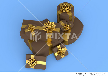 Gift boxes with ribbon and bow isolated on blue background. greeting design 97255953