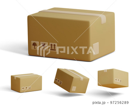 Set of 3D cardboard closed boxes isolated on light background. Realistic delivery cargo parcels with fragile care sign symbol, handling with care, protection from water rain. Vector illustration 97256289