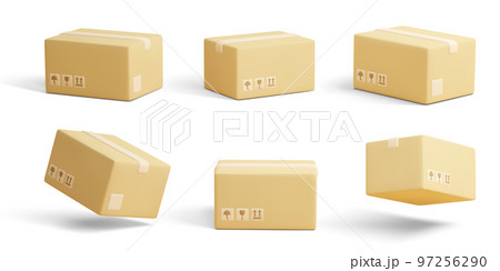 Set of 3D cardboard closed boxes isolated on light background. Realistic delivery cargo parcels with fragile care sign symbol, handling with care, protection from water rain. Vector illustration 97256290