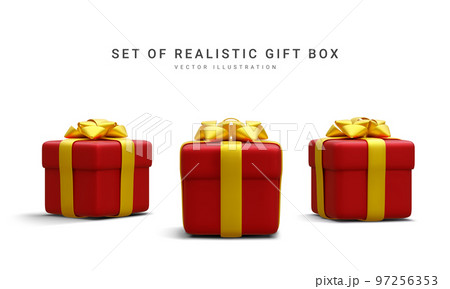 Set of 3d realistic red gift boxes with gold ribbon isolated on white background. Surprise boxes. Vector illustration 97256353