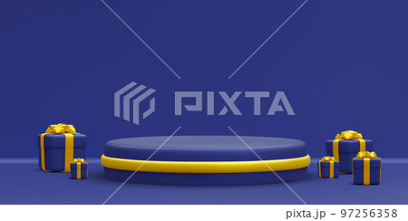 3d realistic blue round podium with gold circle on light background. Scene and platform with gift boxes on light background. Design pedestal for christmas. Vector illustration 97256358