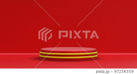 3d realistic red round podium. Scene and platform with gold circle on light background. Design pedestal for award and winner. Vector illustration 97256359